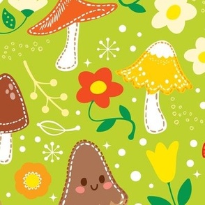 Enchanting Mushroom Garden Pattern - Green Background - Medium Scale