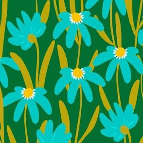 Large Meadow Floral - Blue and green painterly flowers - artistic brush stroke daisy 