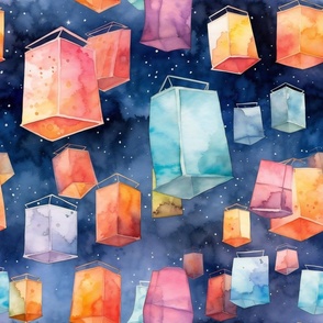 Watercolor Floating Sky Lantern Lanterns Lights in Colorful Night Pastels