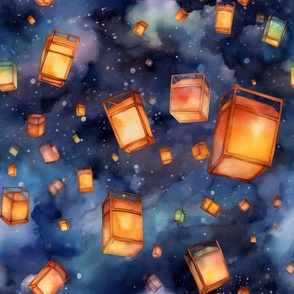 Watercolor Floating Sky Lantern Lanterns Lights in the Night Sky