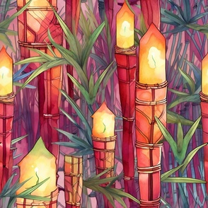 Watercolor Tiki Torch Torches Lights in Cherry Woods