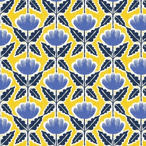 Sunny Floral Buttercups - Blue and Navy on Yellow Stripe - Medium