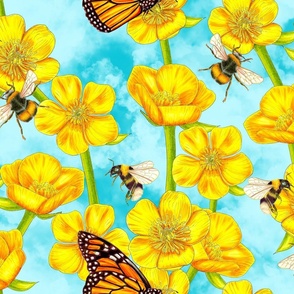 Buttercup, Bees and Butterflies on Clouds Large Scale
