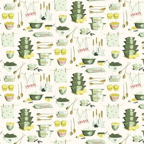 Vintage Dishes and Spoons with Lemons and Greens -  White with Yellow and Green
