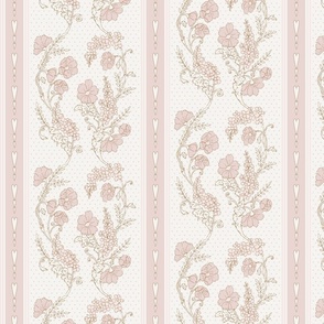 Fanciful large playful victorian retro floral stripe with polkadots and hearts pink and cream 