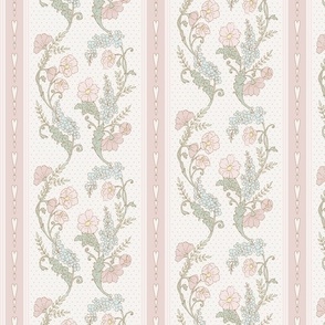 Fanciful large playful victorian retro floral stripe with polkadots and hearts pink, cream, blue, green 