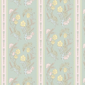 Fanciful large playful victorian retro floral stripe with polkadots and hearts light sage green, yellow, pink, blue 