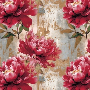 Peony Blossoms on Distressed Background  | Deep Rose