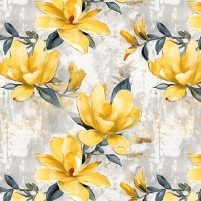 Watercolor Magnolia Blossom on Distressed Background | Yellow