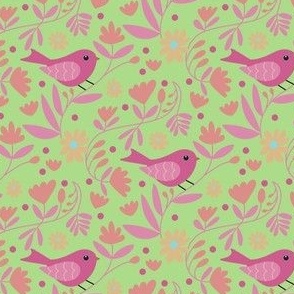 Pink Bird Florals - Green Background // 4x4