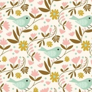 Mint Green Bird Florals - Vanilla Background // 4x4