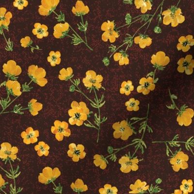 Medium Yellow Watercolor Buttercup Flowers on Textured Oxblood Red Background