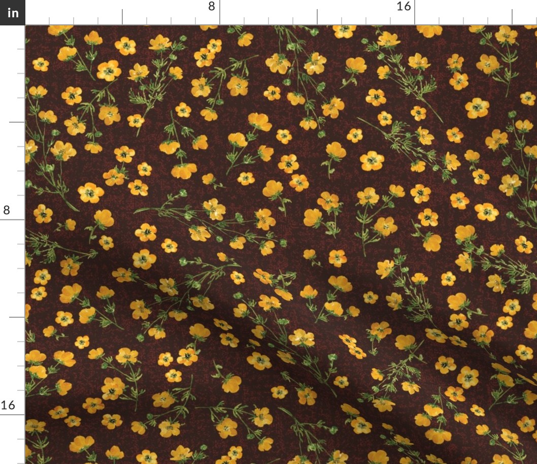 Medium Yellow Watercolor Buttercup Flowers on Textured Oxblood Red Background