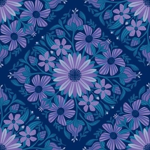 Modern palazzo tile inspired maximalist floral in blue and purple - large scale, sized for wallpaper, bedding