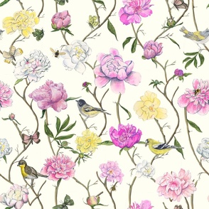 Peony chinoiserie  on pale yellow