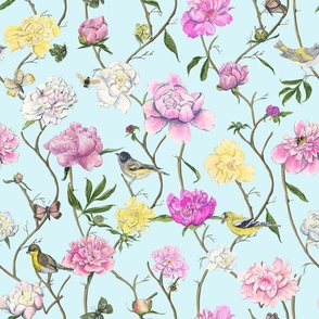 Peony chinoiserie on pale blue