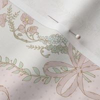 Rosie Posie large  pink, cream, green, blue playful victorian retro floral with polkadots and bows