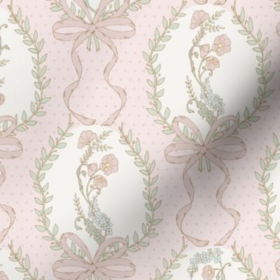 Rosie Posie large  pink, cream, green, blue playful victorian retro floral with polkadots and bows