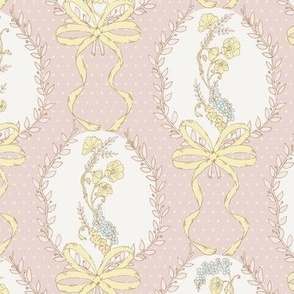 Rosie Posie large playful victorian retro floral with polkadots and bows dusty rose pink, cream, yellow, blue 