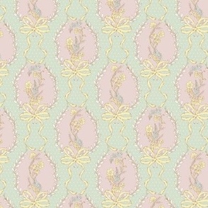 Rosie Posie small playful victorian retro floral with polkadots and bows light green, yellow, light pink, blue 