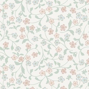 Run Wild small floral light pink, light blue, and green in cream background 