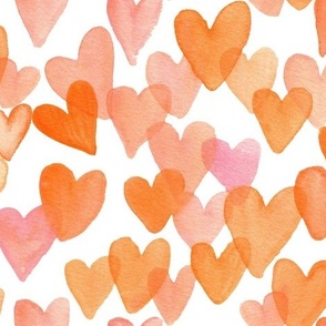 Medium watercolour hearts in bright pink and orange for valentines day