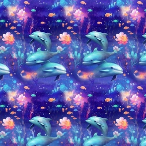a magical prismatic crystalline underwater world with dolphins
