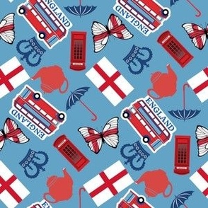 SMALL England fabric - london bus_ tea_ travel_ england design 6in