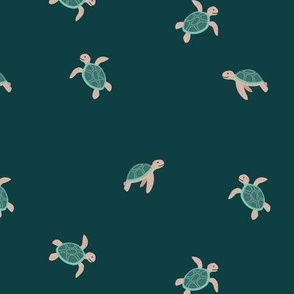 Little ocean creatures - sea turtles adorable kids animals design minty green on teal blue