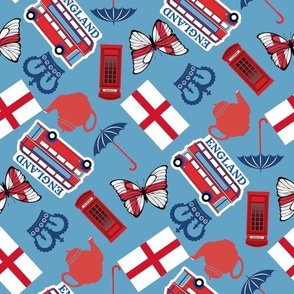 LARGE England fabric - london bus_ tea_ travel_ england design 10in