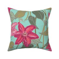 Dark pink Clematis on pale robin egg blue - Large scale