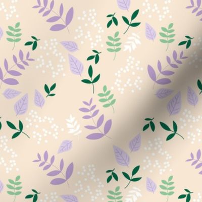 Spring garden - leaves petals spots branches and seasonal boho elements in pine mint green lilac  on cream sand