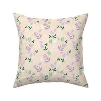 Spring garden - leaves petals spots branches and seasonal boho elements in pine mint green lilac  on cream sand
