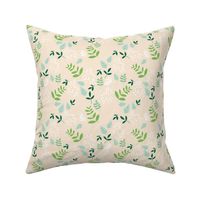 Spring garden - leaves petals spots branches and seasonal boho elements in blue mint green on cream sand