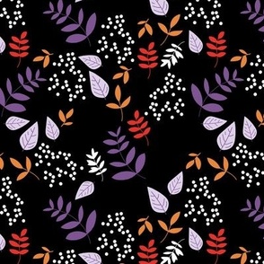 Halloween garden - leaves petals mistletoe branches and fall holiday boho elements in purple lilac orange on black