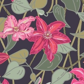 Dark pink Clematis on Arsenic (Antracite Gray) - Medium scale