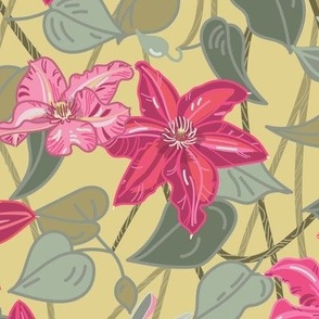 Dark pink Clematis on gold - Medium scale