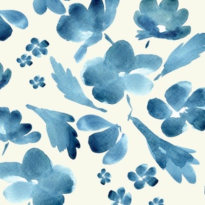 Large scale Hand painted Blue and cream watercolour florals 