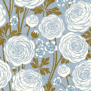 Normal scale // Buttercups ranunculus garden // pastel blue background ocean aqua flowering plants spring and summer blossom flowers sunburst yellow leaves // wallpaper