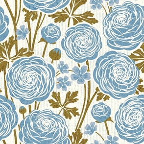 Normal scale // Buttercups ranunculus garden // natural white background polo blue flowering plants spring and summer blossom flowers sunburst yellow leaves // wallpaper