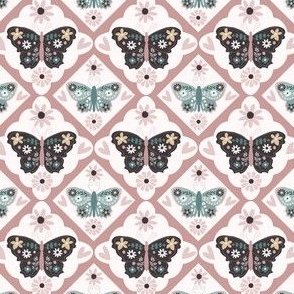 Small Scale // Carnation Pink and Blue Vintage Check Butterflies on White (Vintage Palette) 