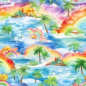 Watercolor Rainbow Beach Scene Landscape