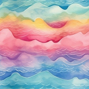 Watercolor Rainbow Beach Sands Waves Background