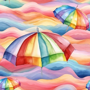 Watercolor Rainbow Beach Umbrella Umbrellas in Colorful Sand