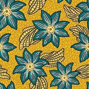 African clematis flower pattern -wax african inspired floral -  teal and yellow 
