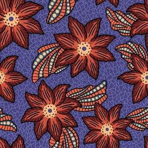 African clematis flower pattern - wax african inspired floral - maroon and blue 