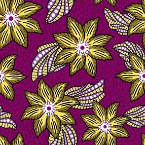 African clematis flower pattern - wax african inspired floral - yellow and purple