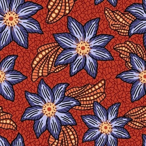 African clematis flower pattern - wax african inspired floral - blue and red