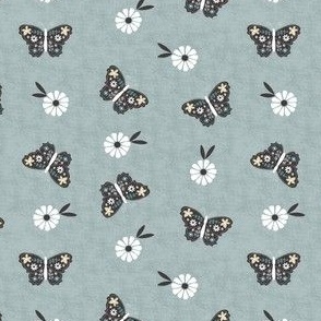 Small Scale // Vintage Butterflies  Floral on Lightest Teal Blue