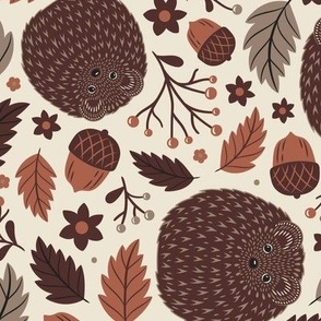 Hedgehogs multi direction scatter autumn fall leaves and acorns print for table linen, home decor